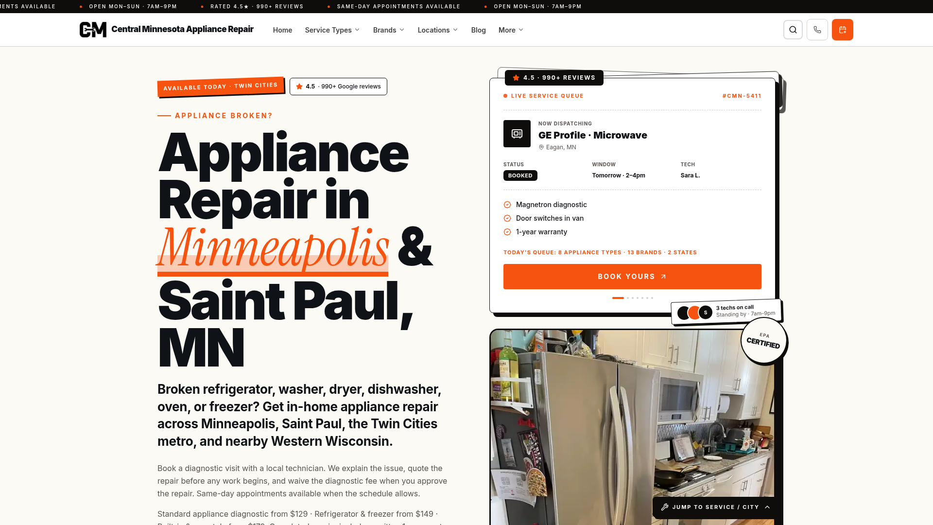Screenshot of Central Minnesota Appliance Repair website